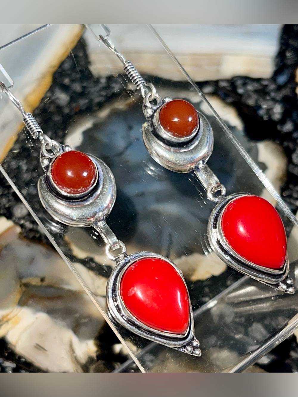 Rustic Orange Carnelian & Red Coral Crystal Earrings 2 1/2”